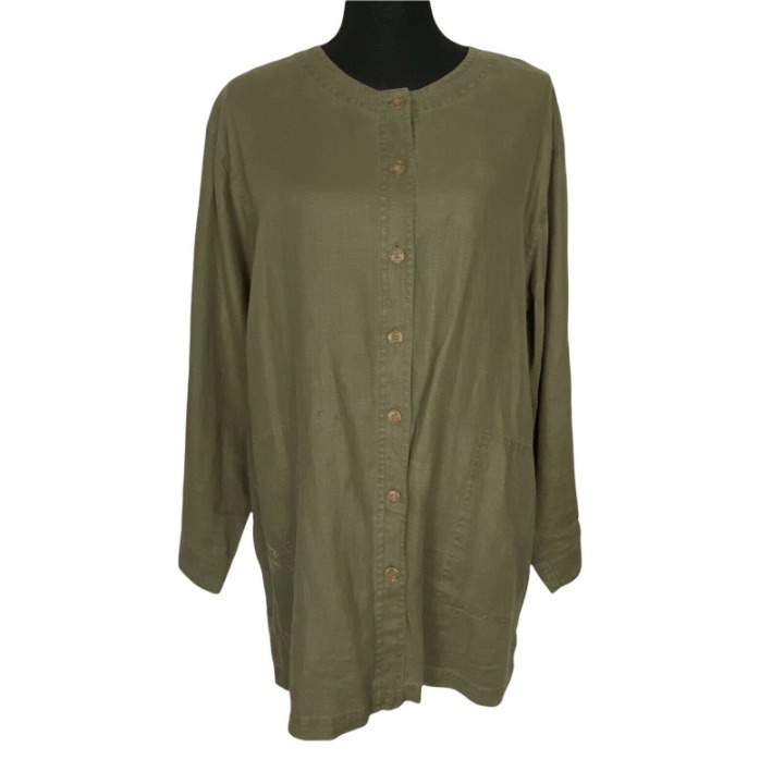 J JILL Tunic Smock Shirt 100% Linen Split Back Embroidered Long Sleeve M B41-9