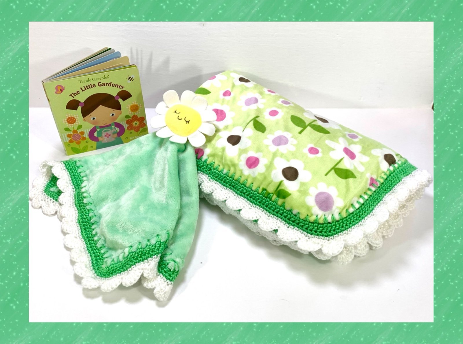 Daisy Minky Sherpa Crochet Baby Blanket, Lovey and Little Gardener Book Gift Set