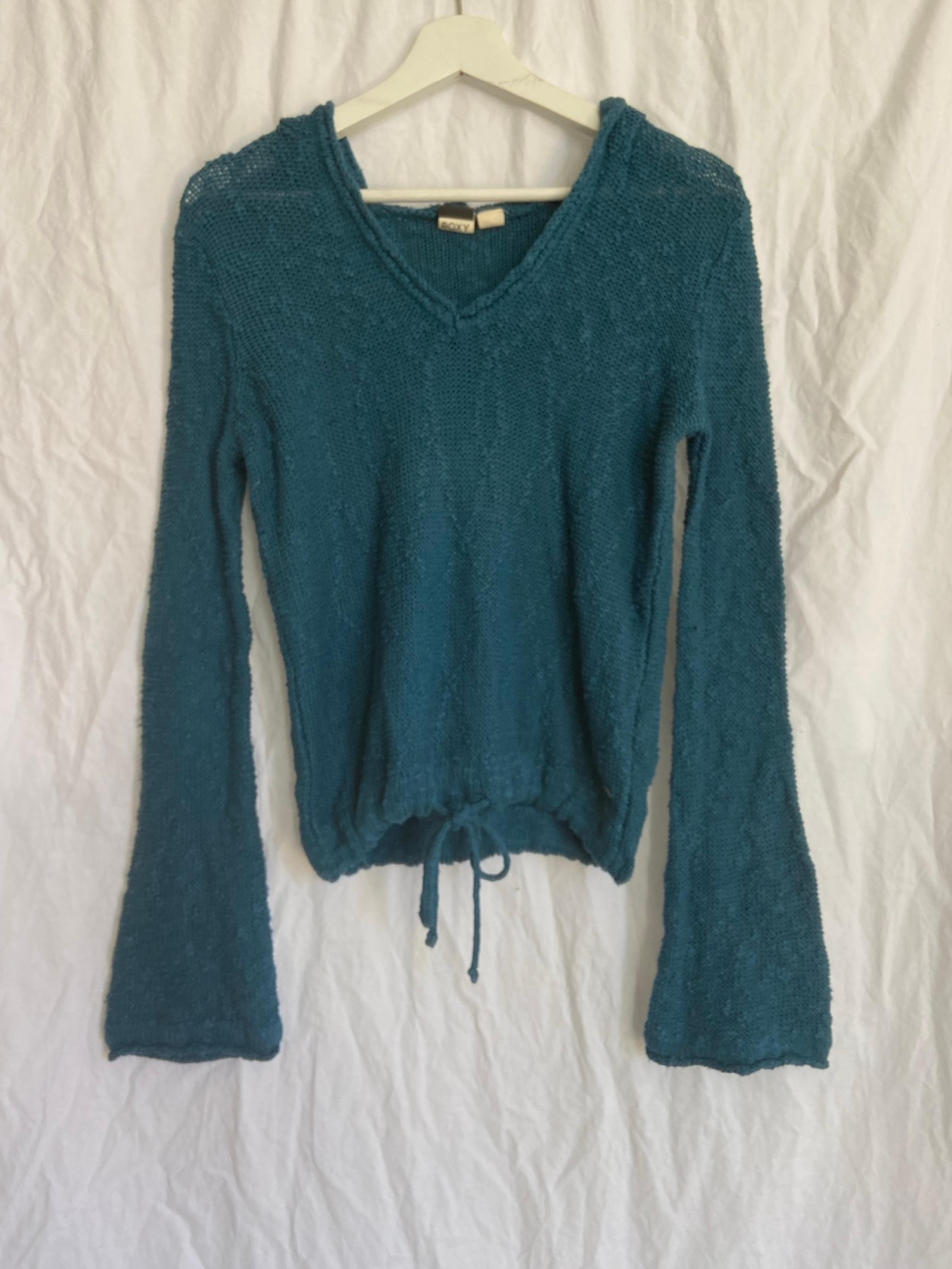 Roxy Hooded Crochet Sweater, Teal Size XS