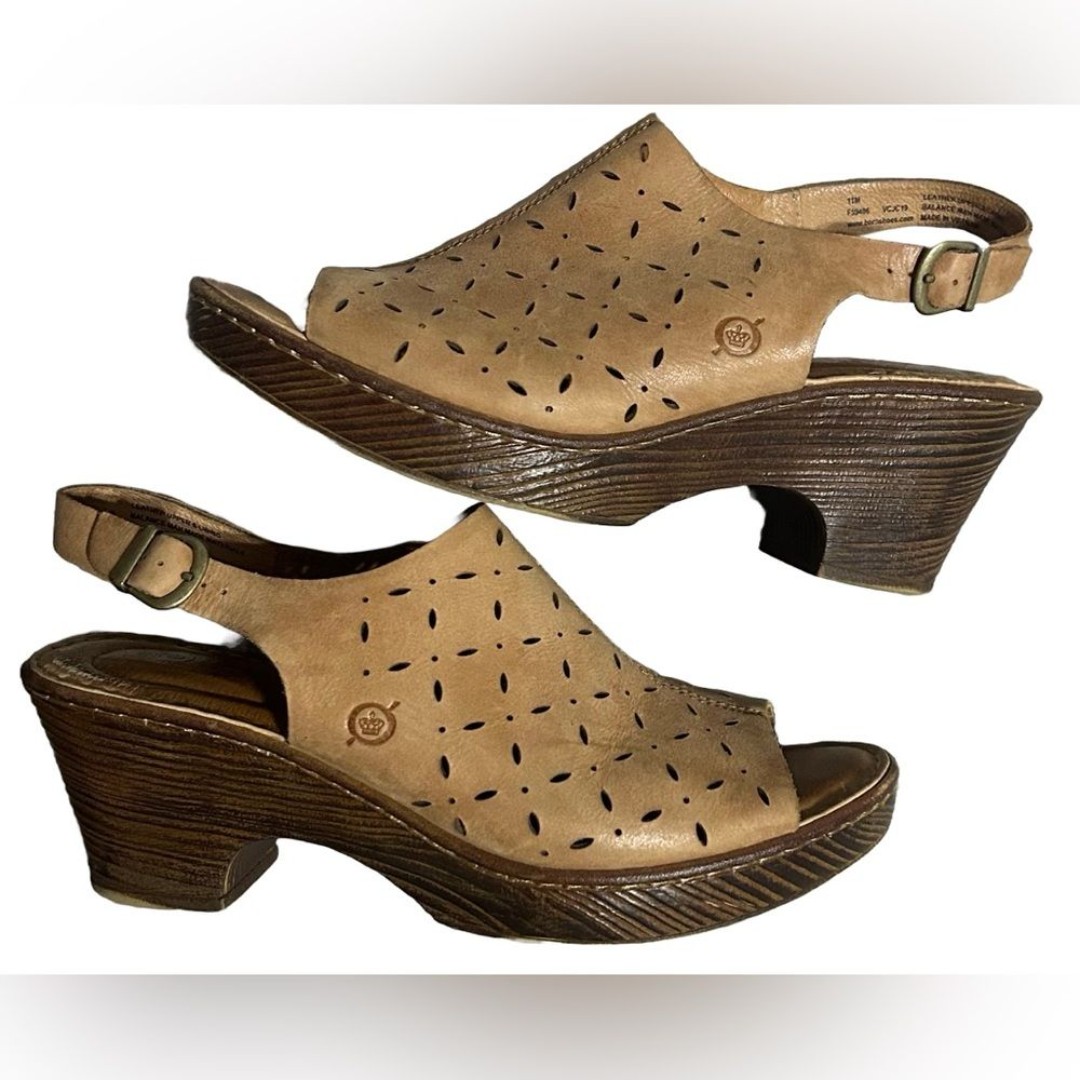 Born Diamond Leather Slingback Heeled Sandals Wood Clogs Comfort Tan Brown Sz 11