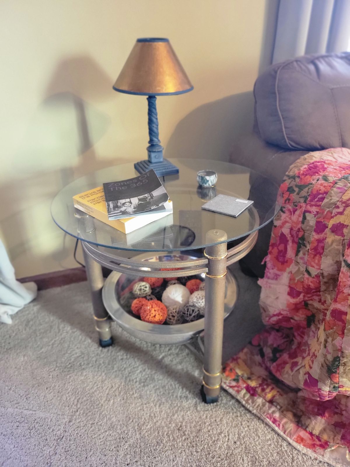 Regency House Glass Top/Gold Plated Side Table w/Metal Bowl.
