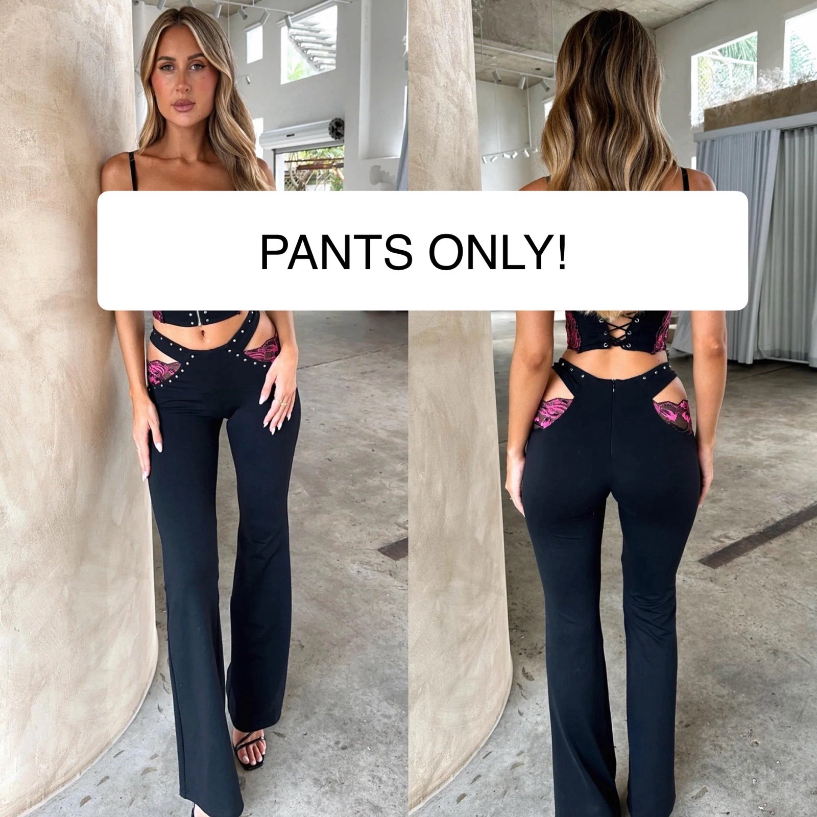 NWT OUTCAST Sutton Black & Pink Lace Cutout Flare Pants