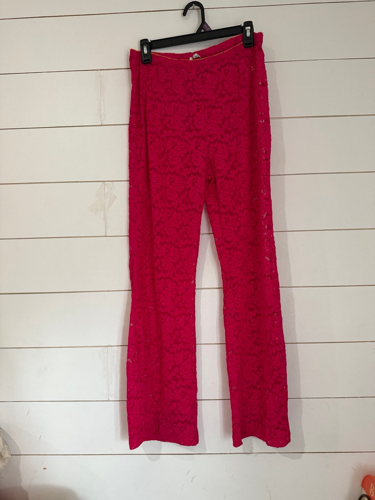 NWOT Free People All Day Lace Women’s Fuchsia Sheer Flare Coquette Pants Sz L