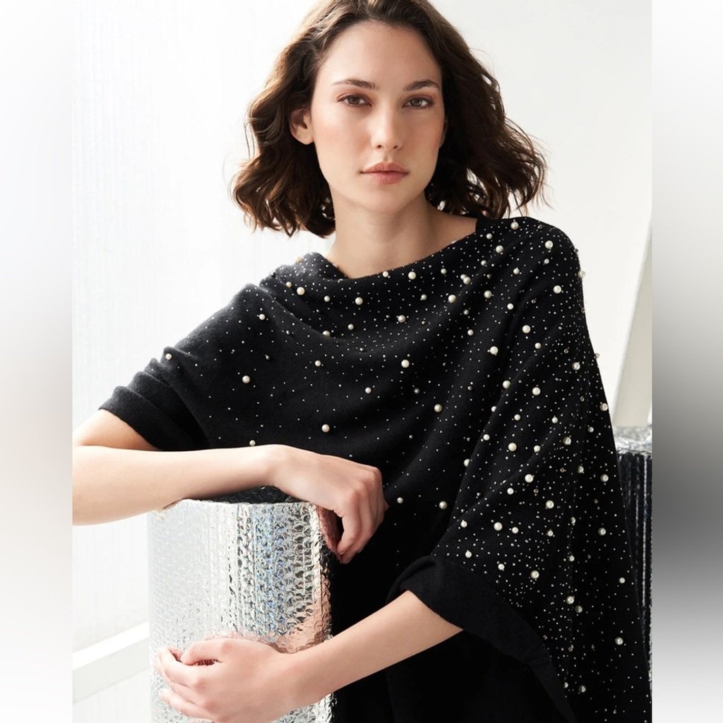 NWT 335 MING WANG Pearl Beaded Poncho - Soft Cashmere, Black