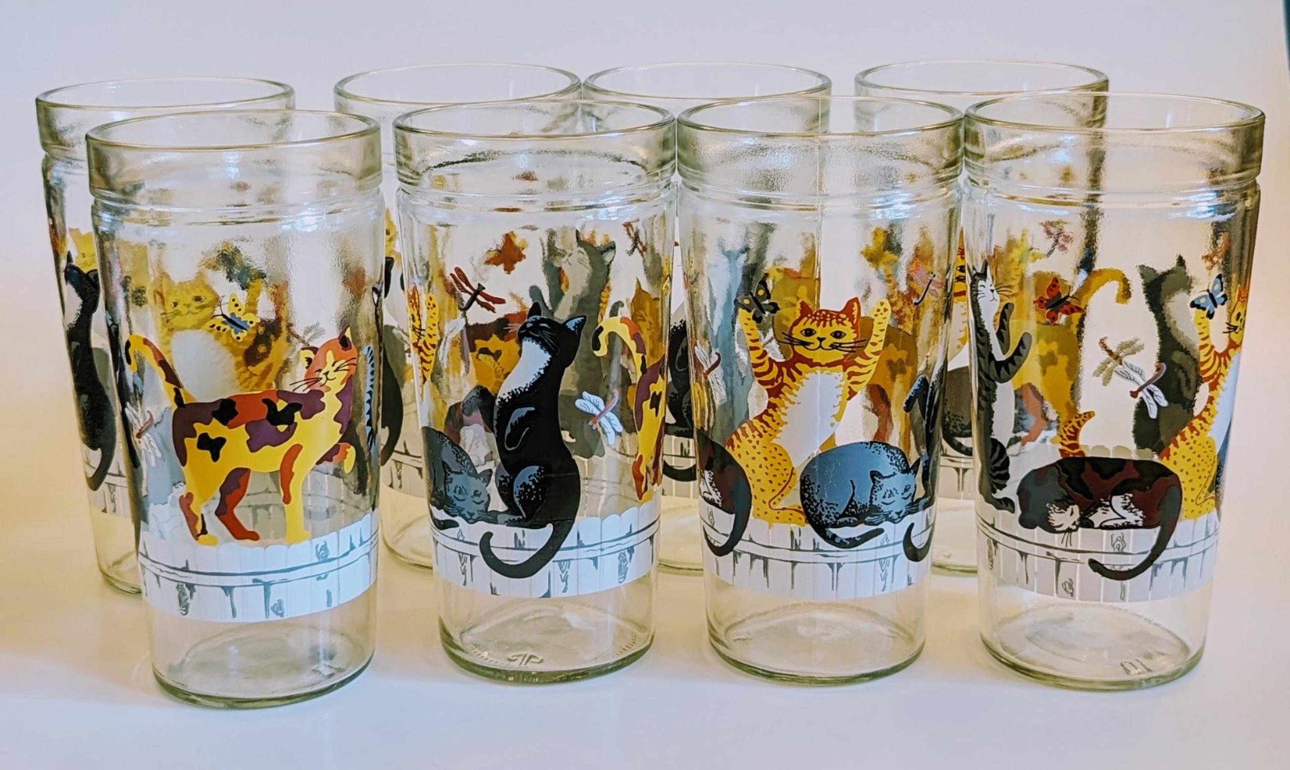 Set of 8 Vintage Anchor Hocking Cats & Butterflies On Fence Jelly Jar Glass Cup