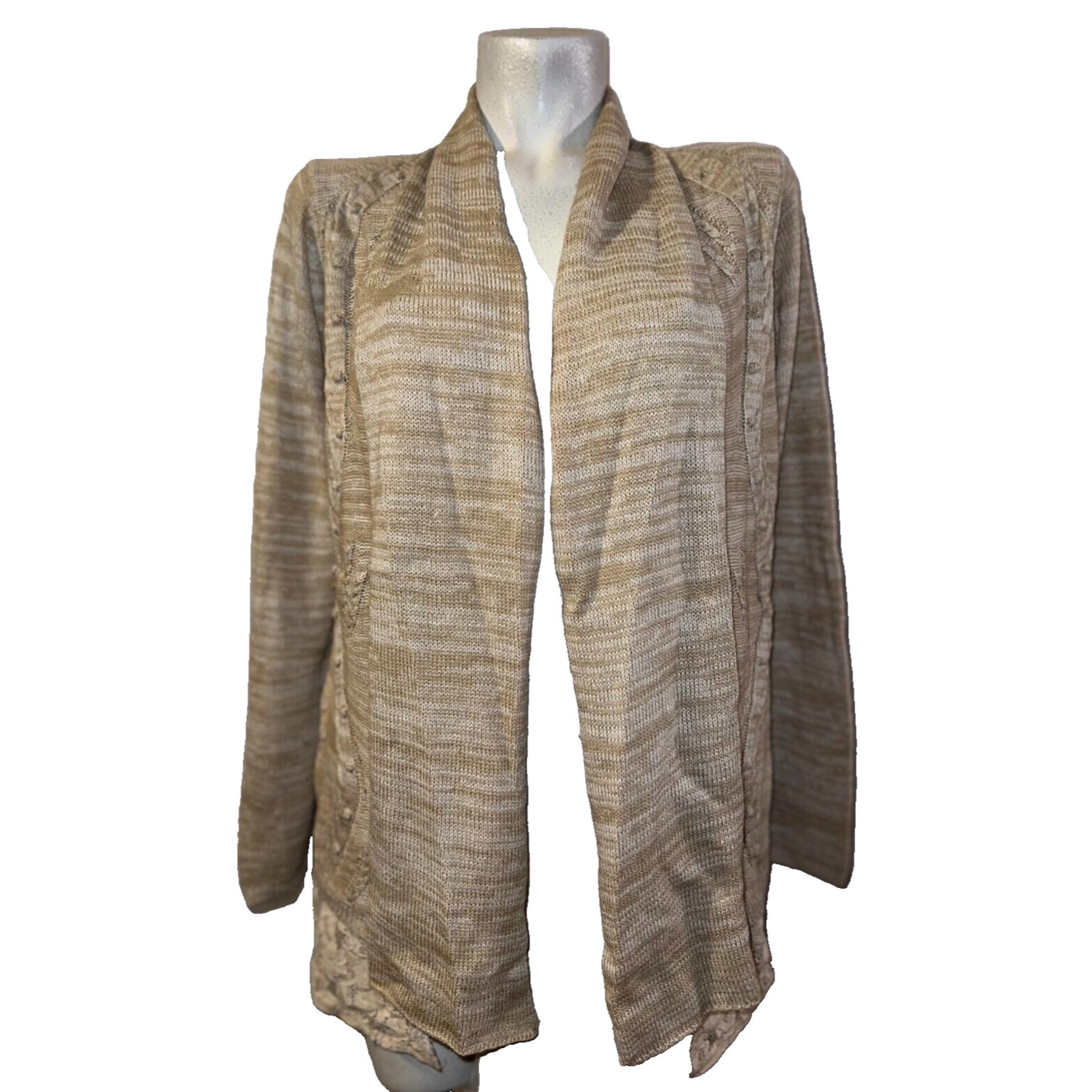 FLYING TOMATO Sweater Women's Size S Beige Lace Accent Hem Open LS Cardigan
