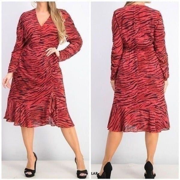 Rachel Roy Anja Red Tiger Print Ruched Midi Dress