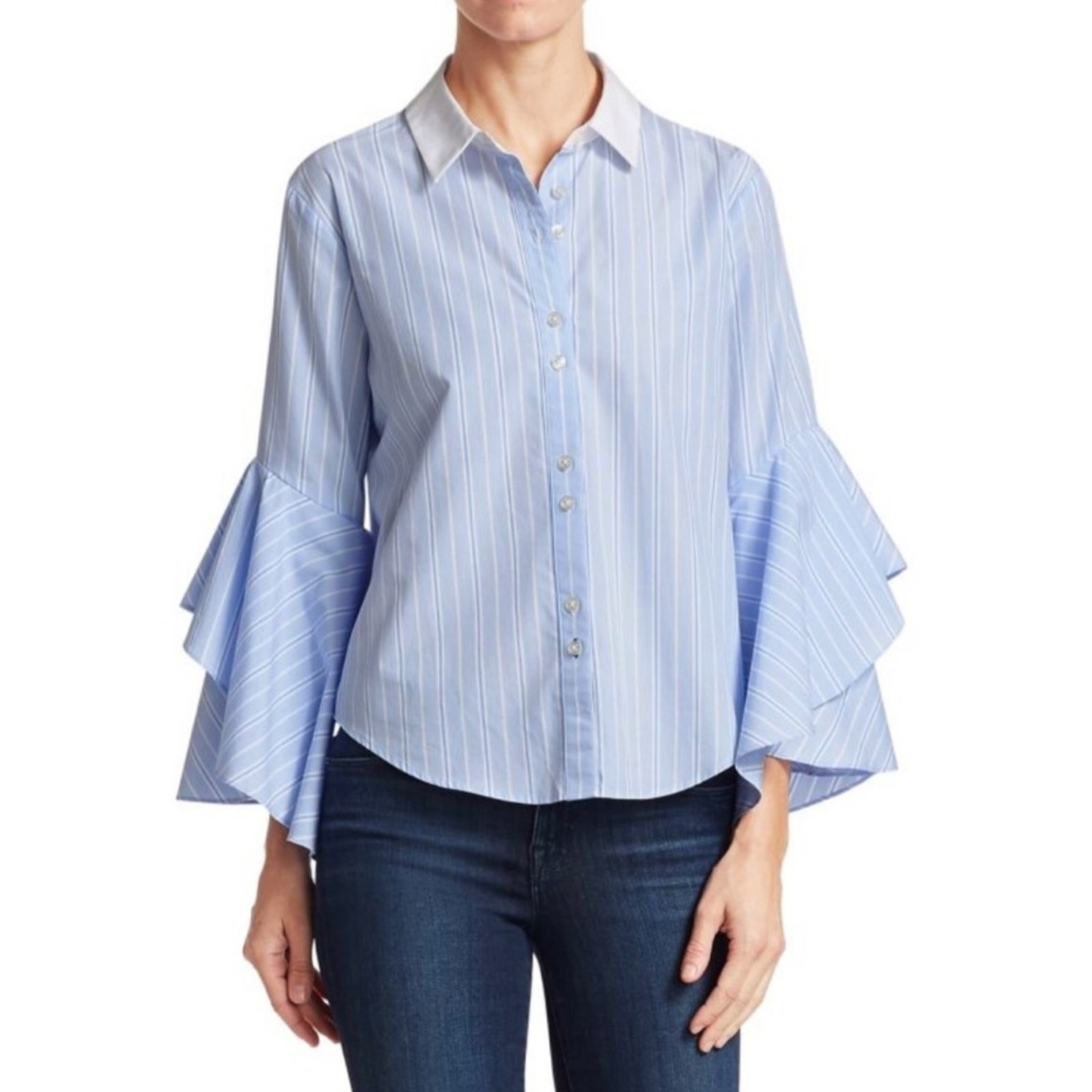 Jonathan Simkhai blue striped large flare sleeve oxford button up blouse XS