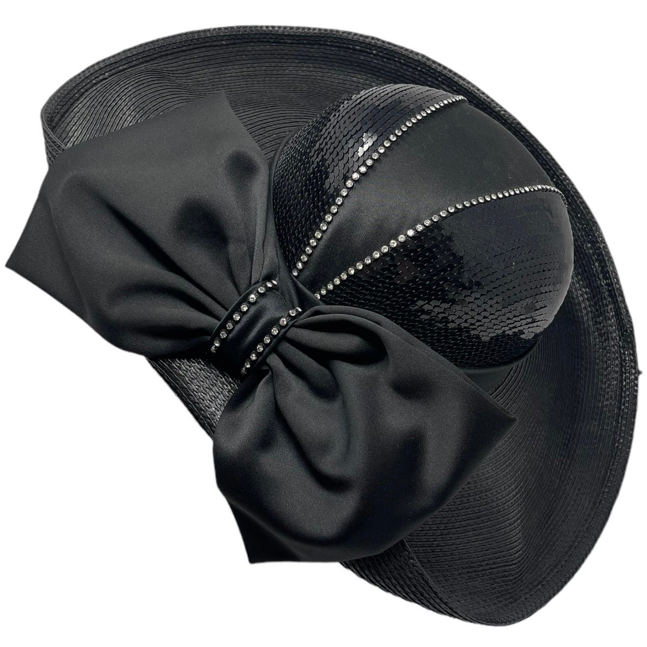 Whittall & Shon Black Straw Sequin Rhinestone Victorian Goth Church Hat