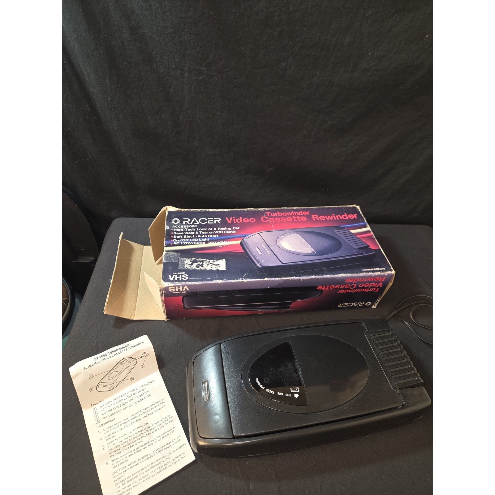 Racer Turbowinder Video Cassette Rewinder VHS SY-1000 With Box And User Manual