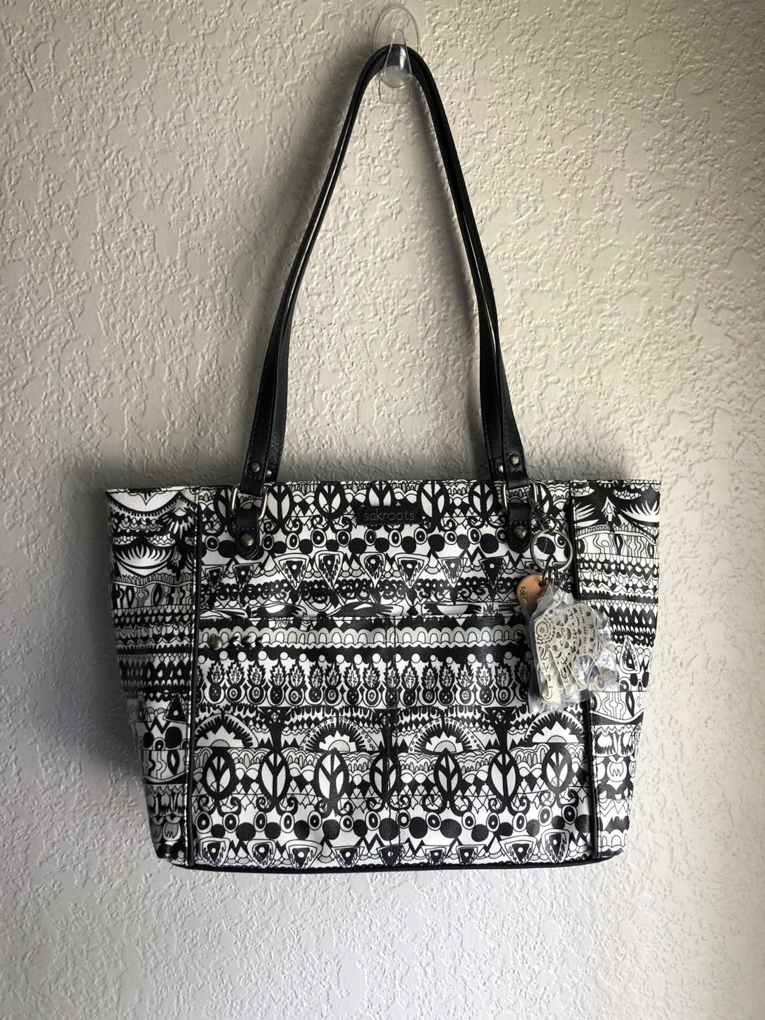 NWT SAKROOTS Metro Black white floral ToteBag