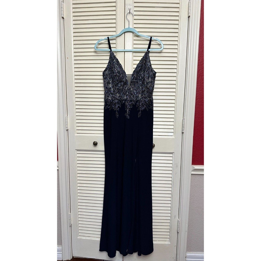 Xscape Womens Navy Beaded Long Formal Evening Dress Gown 8