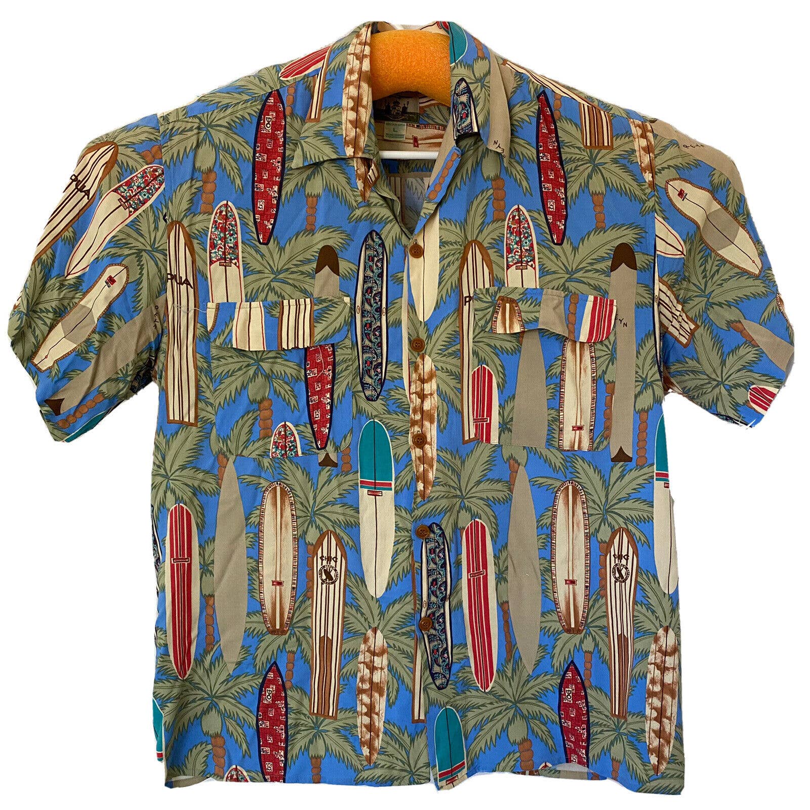 Reyn Spooner Button Down Shirt Short Sleeve Surfing Board Ocean Blue Rayon L