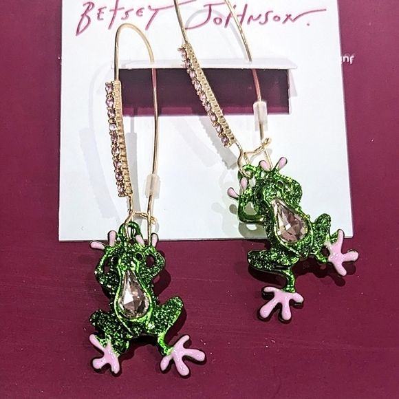 New Betsey Johnson Bright Green Frog Pink Bling Earrings