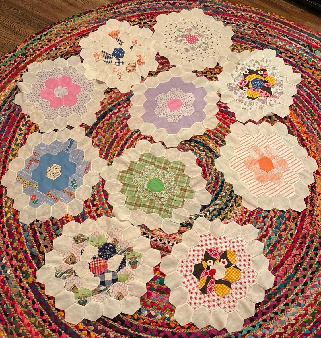 Vintage Grandma’s Flower Garden Quilt Pieces Blocks Hand Stitched Set of 10