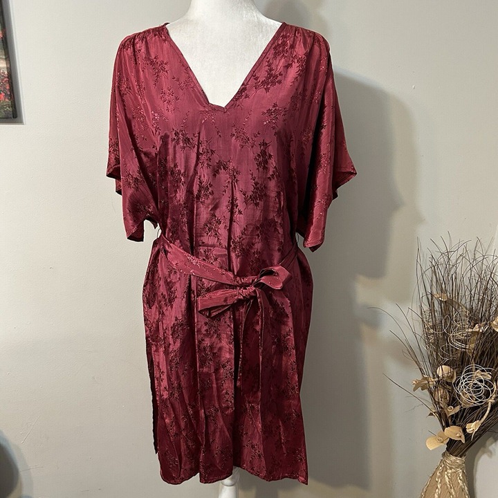 Vtg Charm of Hollywood Shirt Dress Burgundy Jacquard Floral Belted V-neck Sz 14