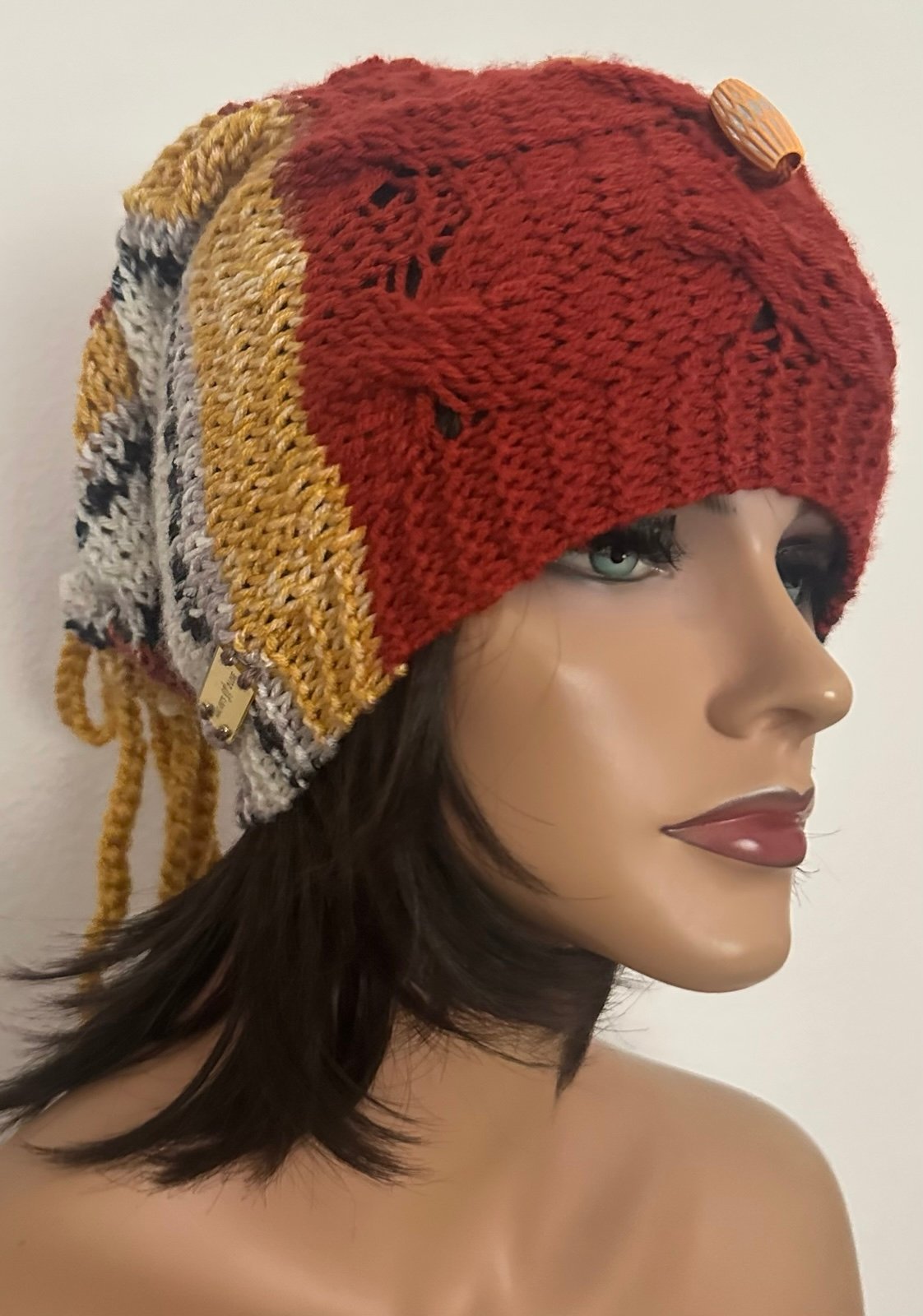 Hand Knits 2 Love Long Slouch Beanie Hat Cap Braids Decorative Beads Designer