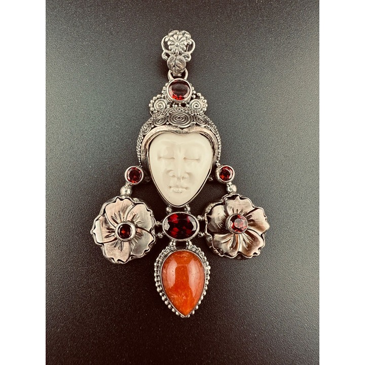 VTG Sterling silver, garnet, carved Goddess face, MOP flowers & jadeite pendant