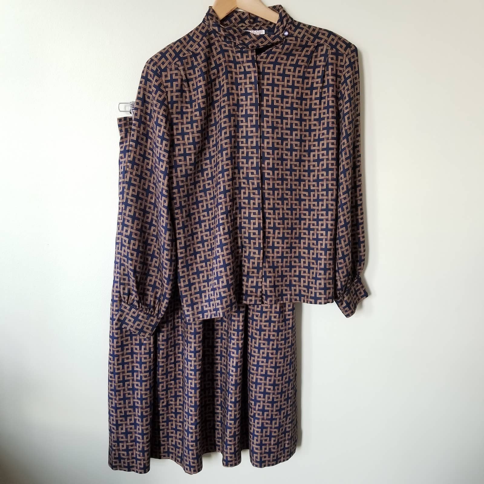 Vintage 80s Pendleton Navy & Gold Geometric Print Coordinating Blouse Skirt Set