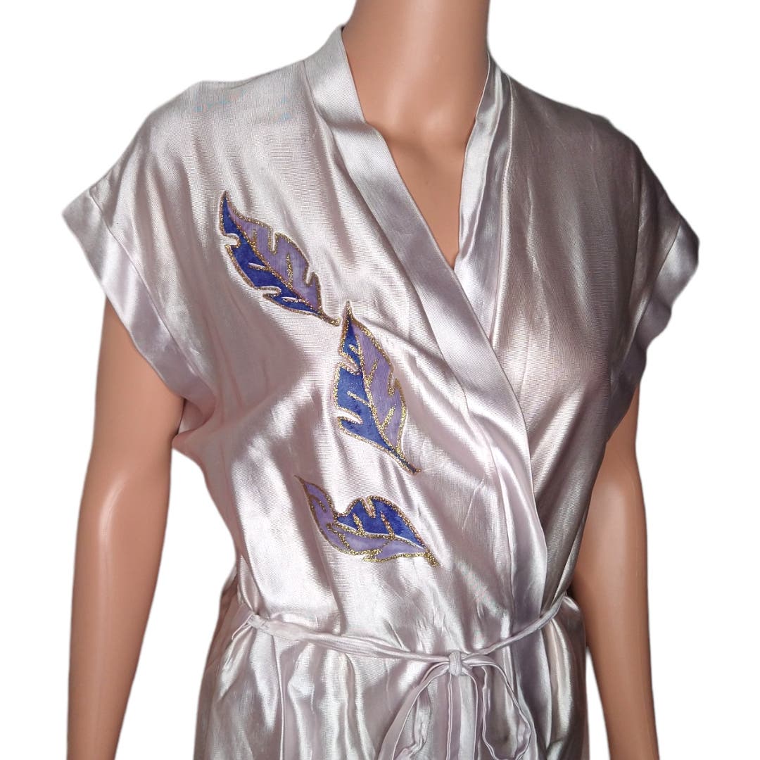 70's Vintage Purple Kimono Robe with Painted Feathers
