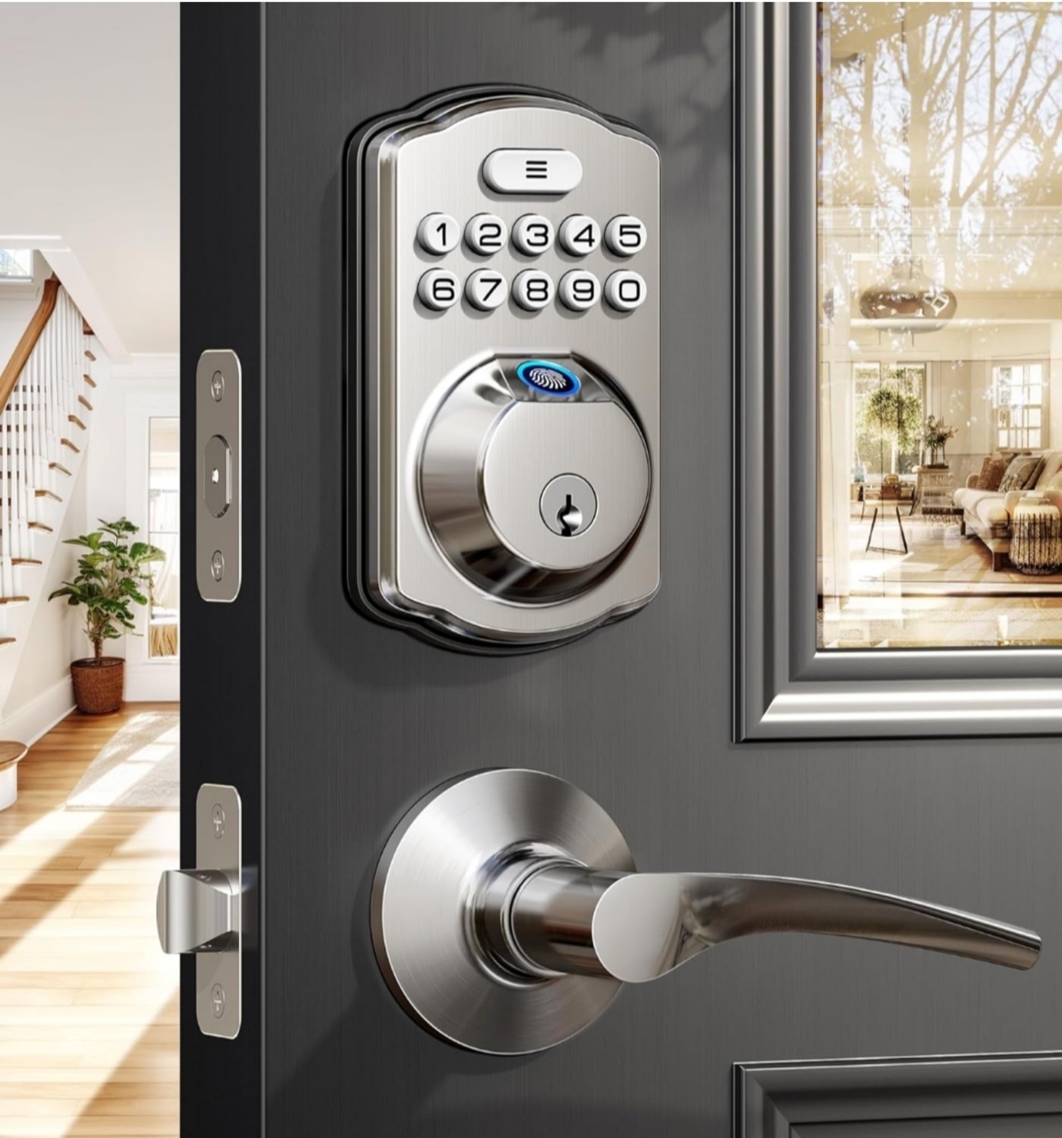 Fingerprint, Keyless Entry Door Lock with 2 Lever Handles - Satin Nickel
