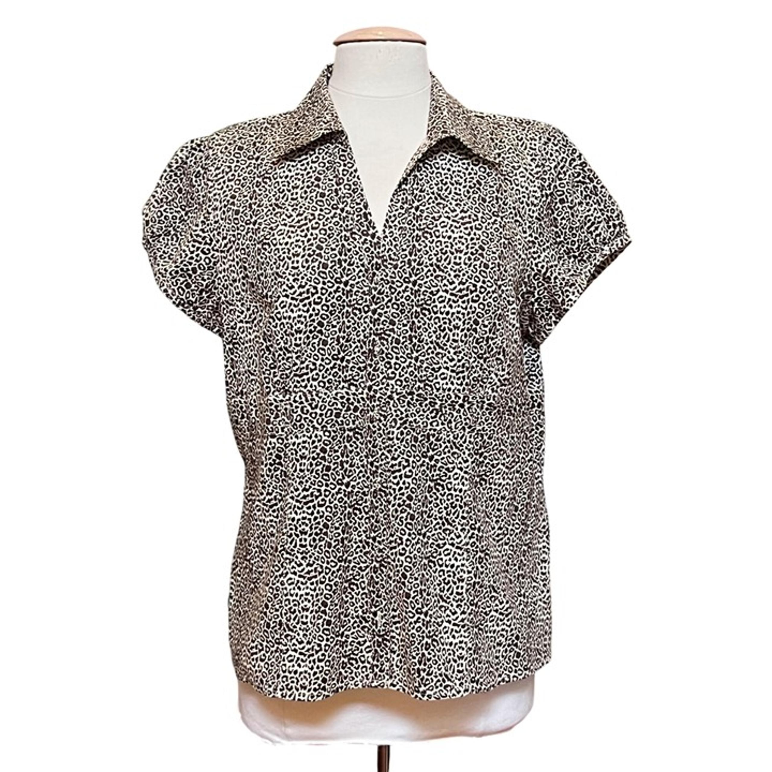 Willi Smith Leopard Print Button Up Blouse XL Stretch Short Sleeve - No Belt
