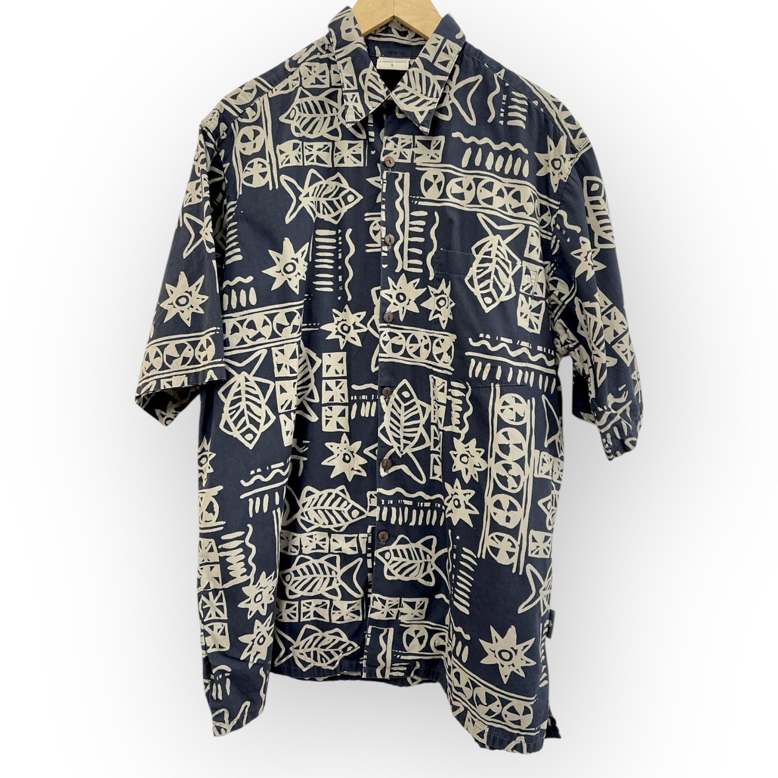 Go Barefoot Men's Large Hawaiian Shirt Black Tropical Cotton Fish Made In USA