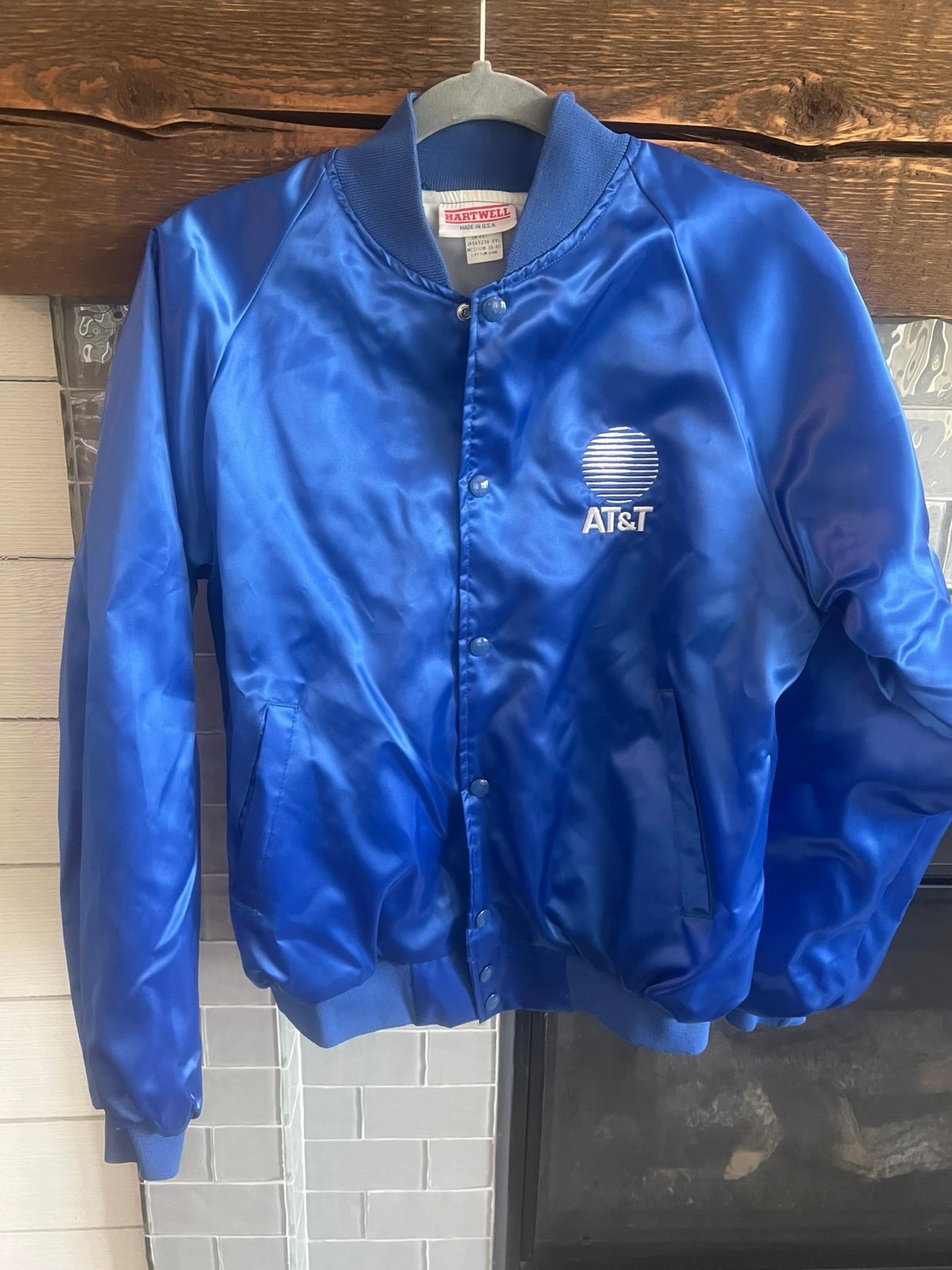 Vintage AT&T Made in USA Phone Embroidered Satin Snap Button Bomber Jacket Men's