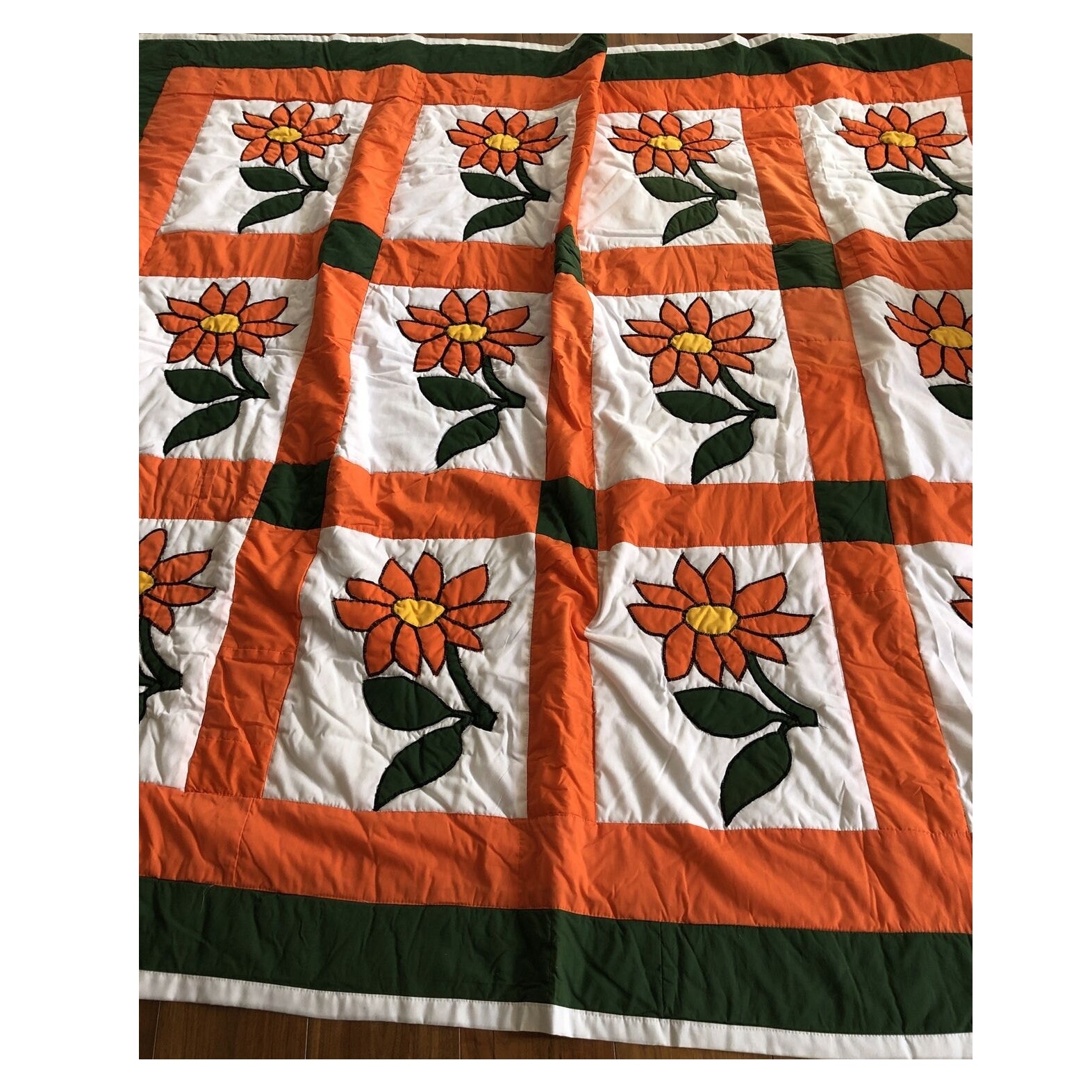 Vintage Orange, Green, White Flower Quilt 90” X 78”