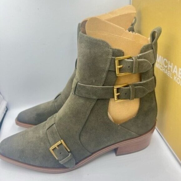 MICHAEL KORS Womens Ivy Gray Buckled Radley Pointed Toe Leather Booties …