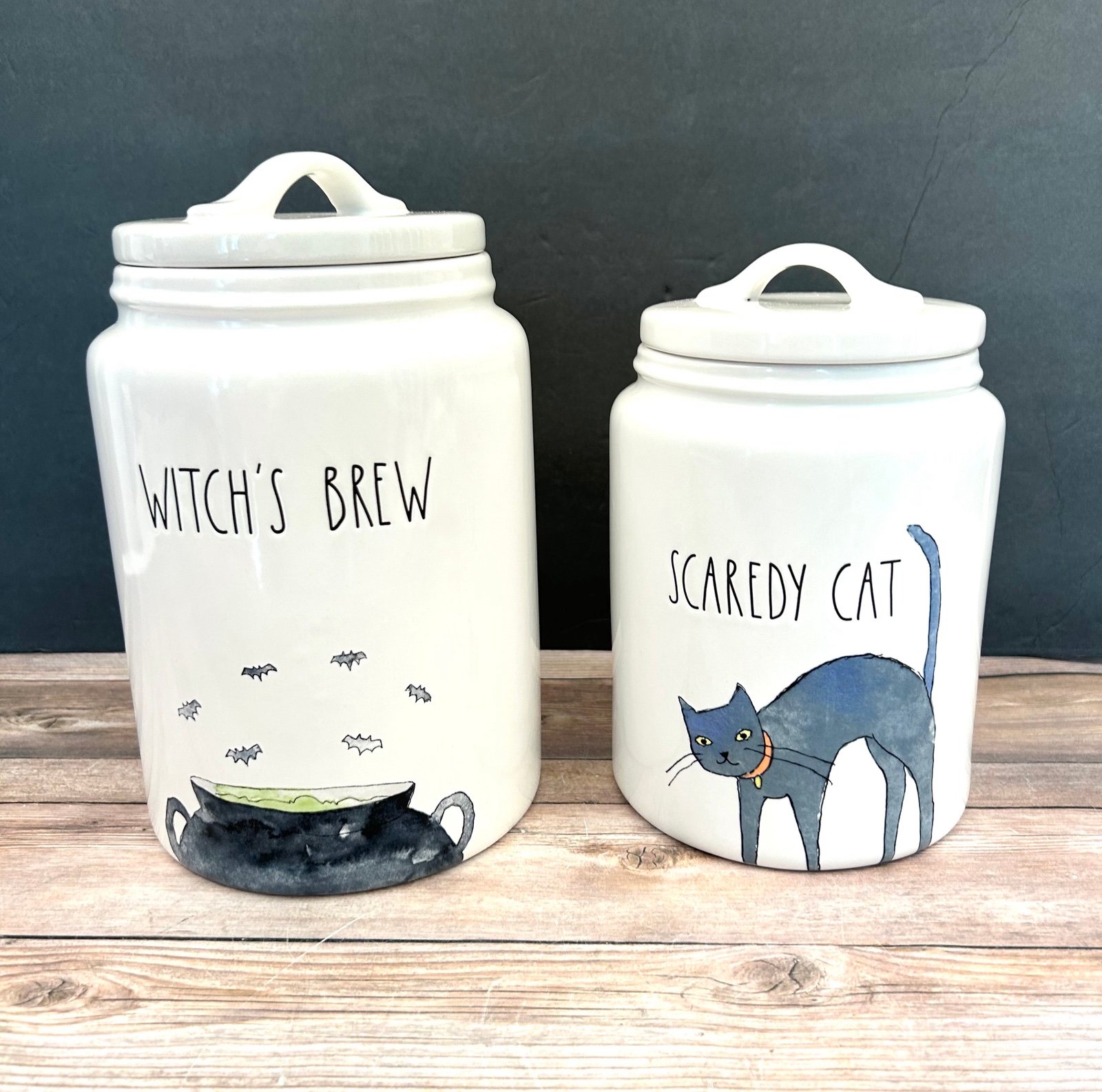 Rae Dunn Witches Brew and Scaredy Cat Halloween Canister Set of 2