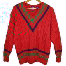 Vtg GAP Men's V-Neck Red Blue Green Cable Knit Chunky Sweater Sz M