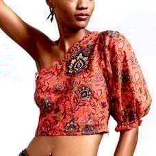 Farm Rio Anthropologie One Shoulder Crop Floral Top X-Large Red Motif NWT 158
