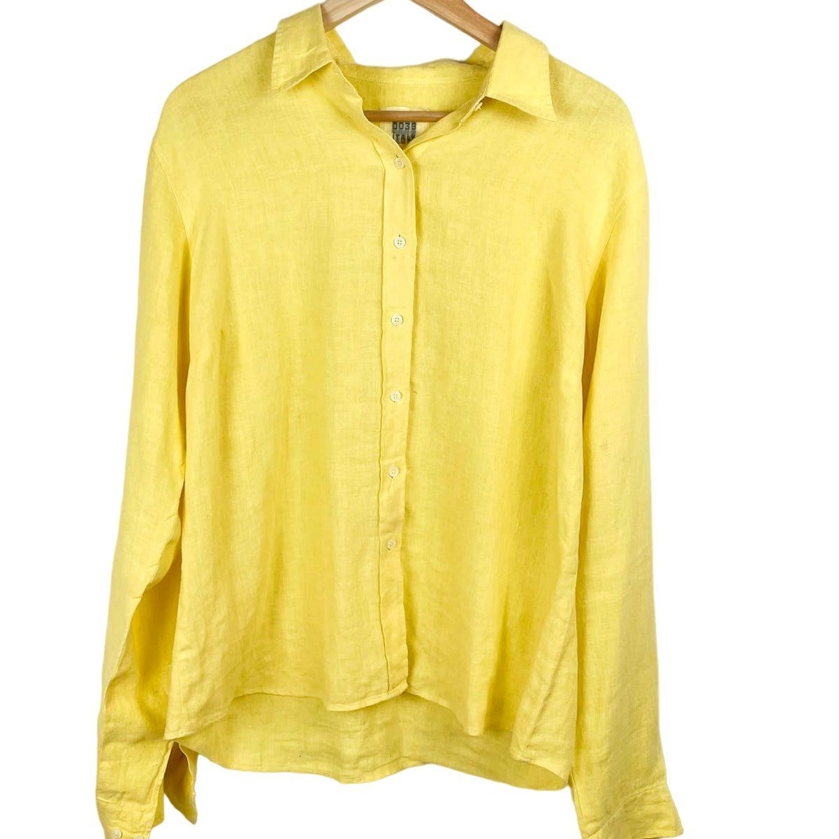 0039 Italy Button Up Shirt Size XL Yellow Linen Long Sleeve Collared Blouse