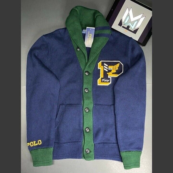 Polo Ralph Lauren Navy P-Wing Patch Letterman Cardigan Men’s Medium Vintage Rare