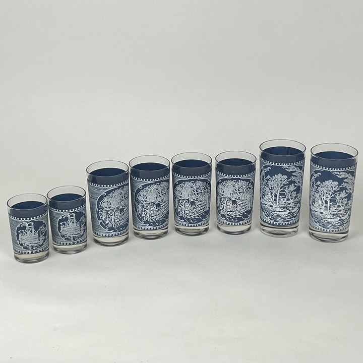 Vintage 1960's Currier & Ives Tumblers Set of 8 Assorted Sizes