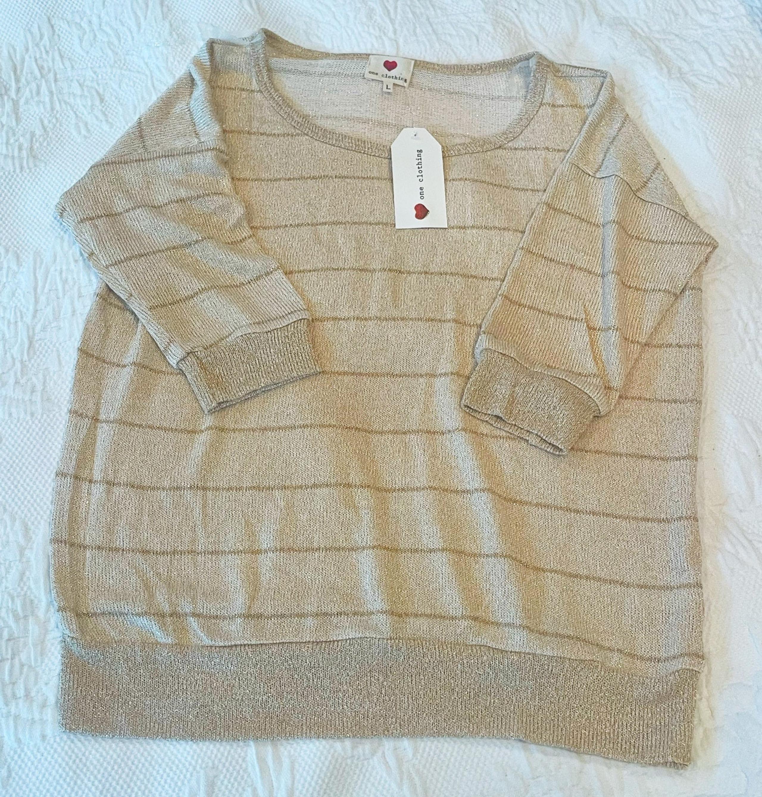 NWT One Clothing Striped Metallic Knit Wear Sweater Quarter Sleeve Size Large