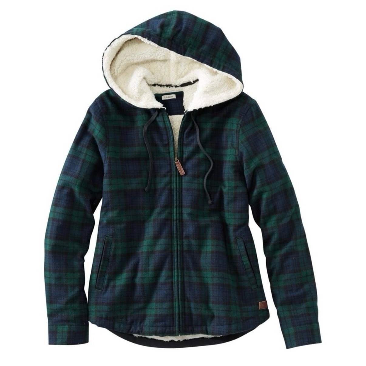 LL Bean Green Scotch Plaid Sherpa Fleece Lined Flannel Zip Hoodie Size SMALL