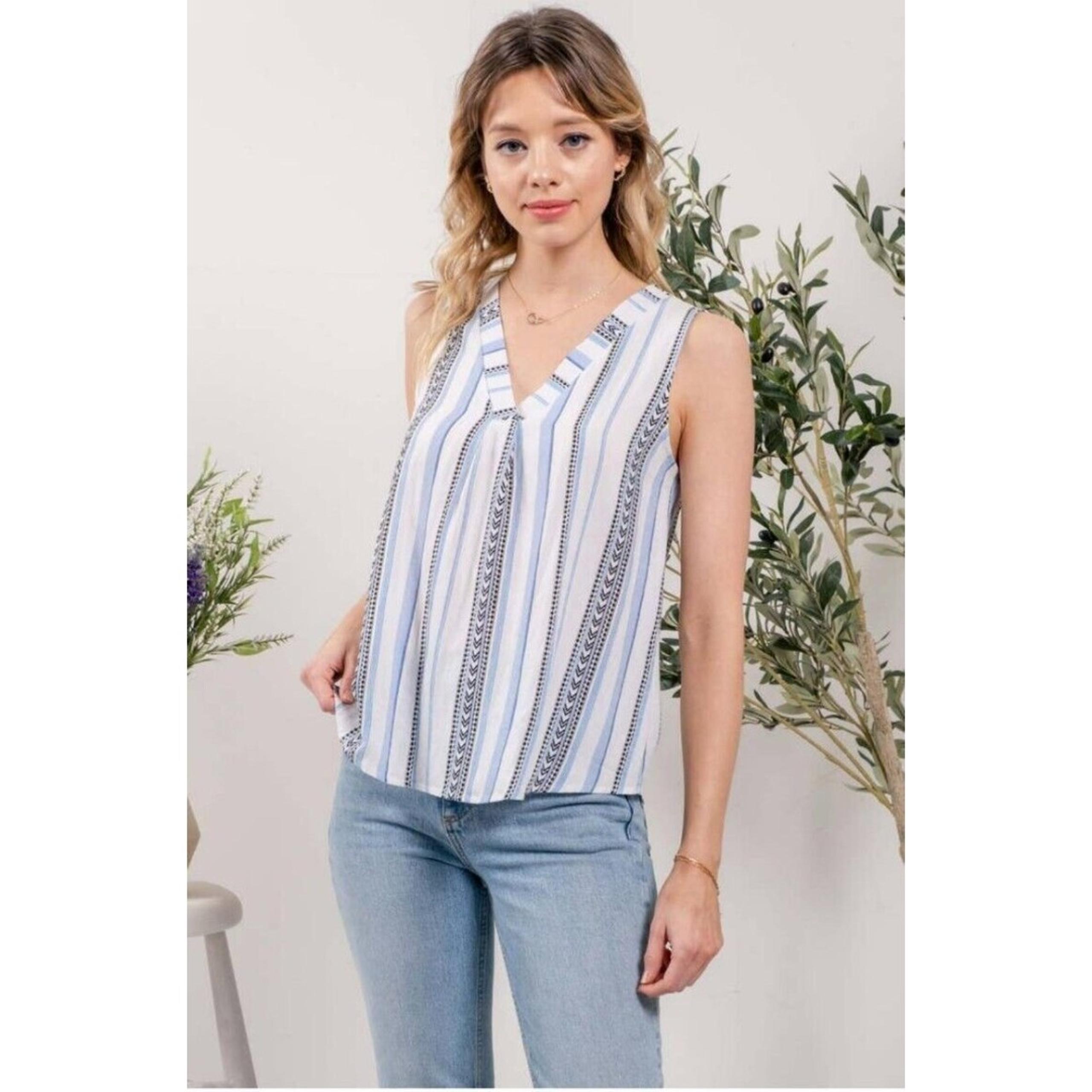 Mine for Anthropologie Blue Striped V Neck Back Button Tank Blouse Top Size L