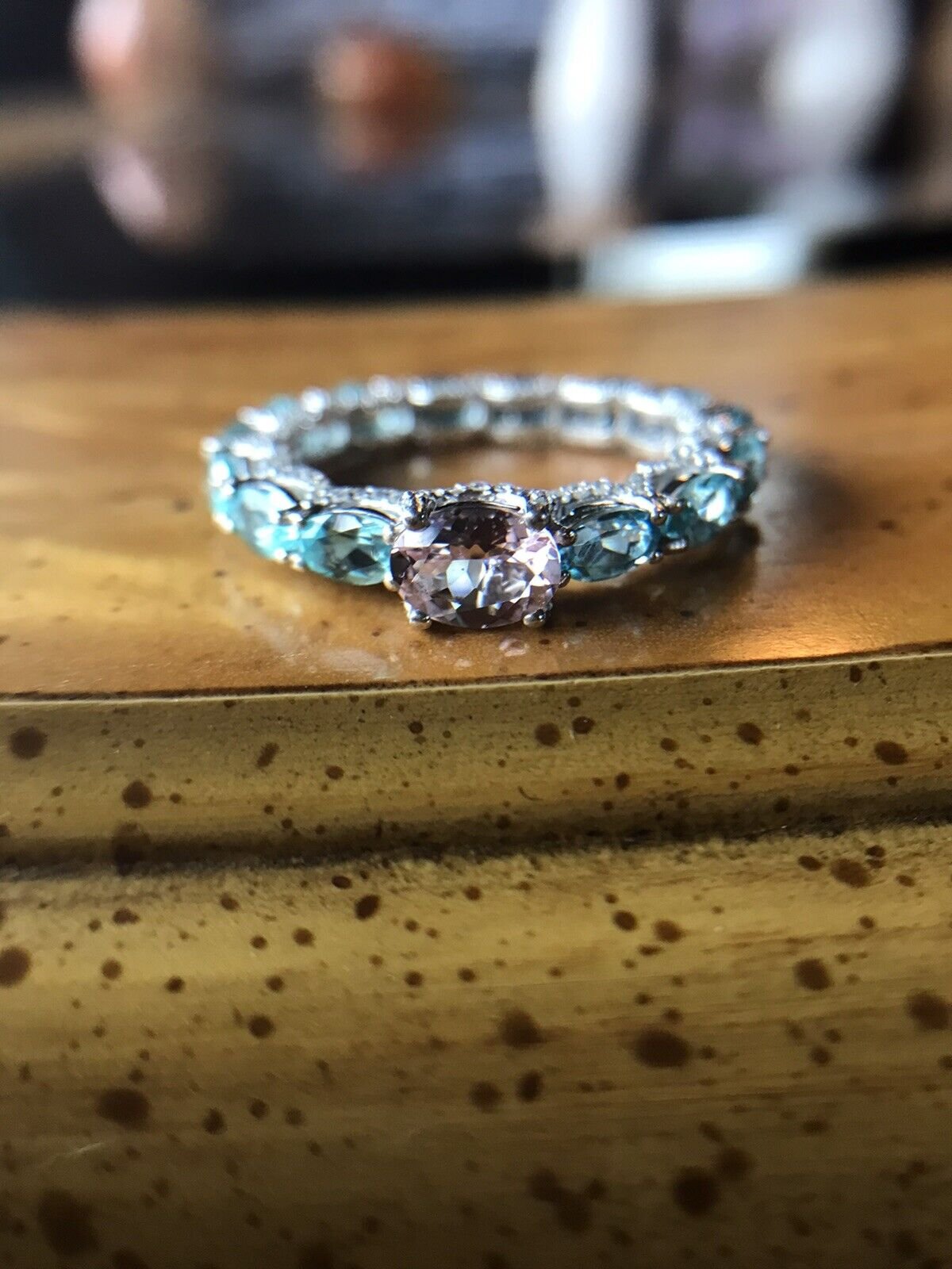Natural Morganite Blue Apatite Sterling Silver Eternity Ring Size 10