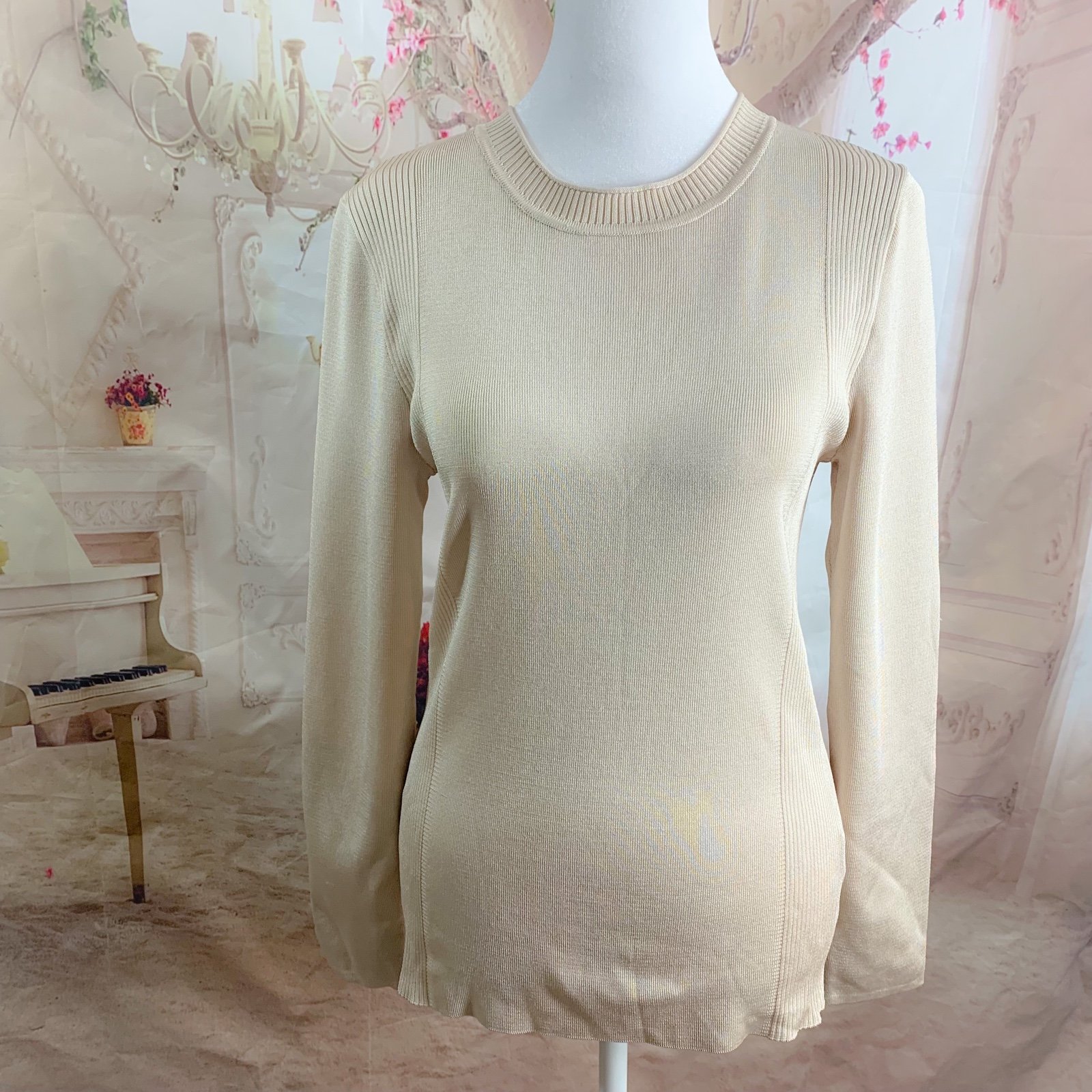 NEW T Tahari Crew Neck Wistful Tan Blouse