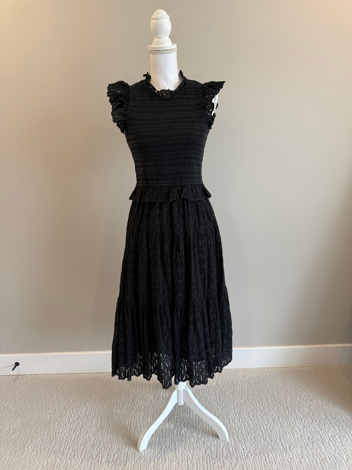 Sea New York smocked eyelet ruffle midi dress size 2 black