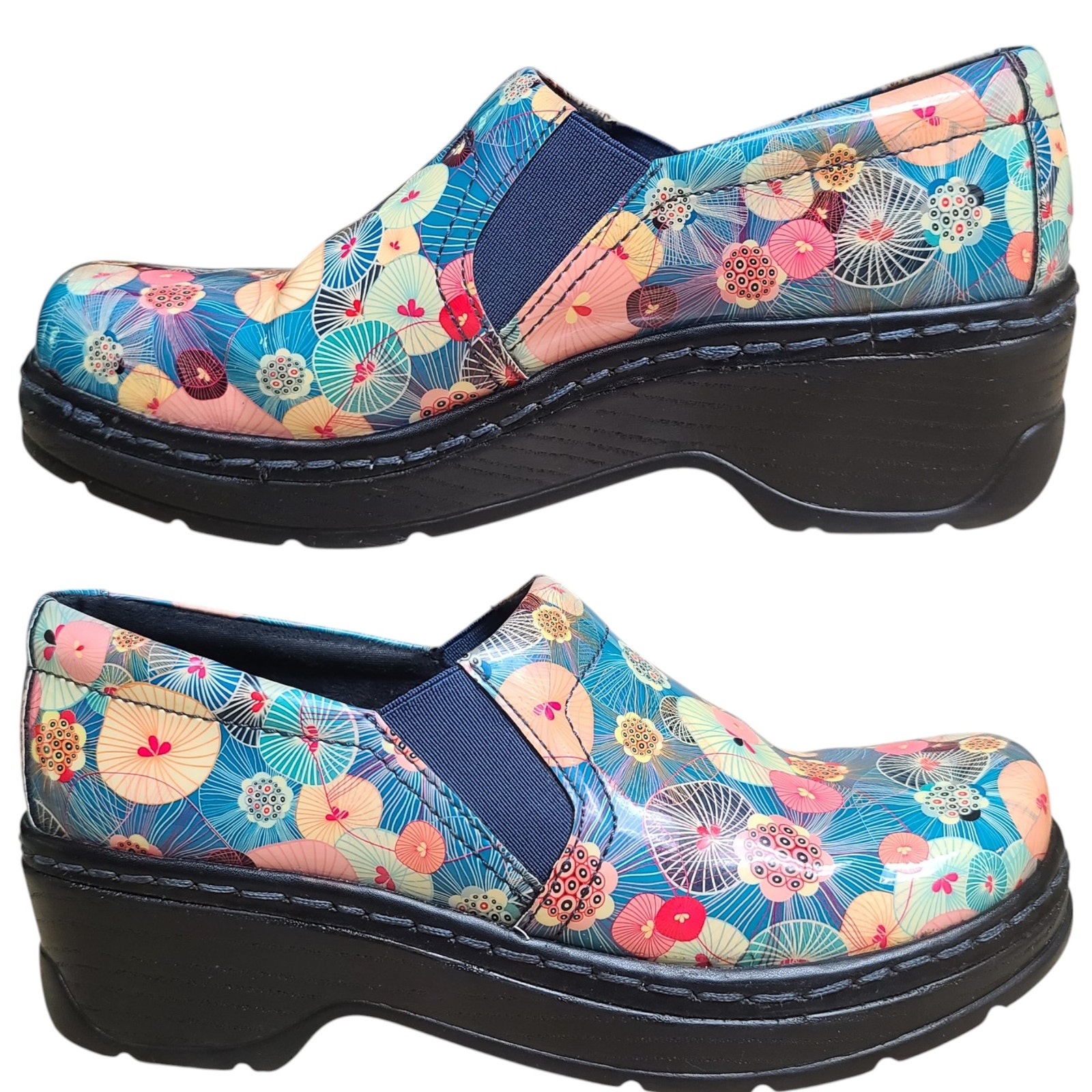 Klogs Naples Leather Blue Pink Red Floral Clogs Comfort Shoes 7 1/2 M