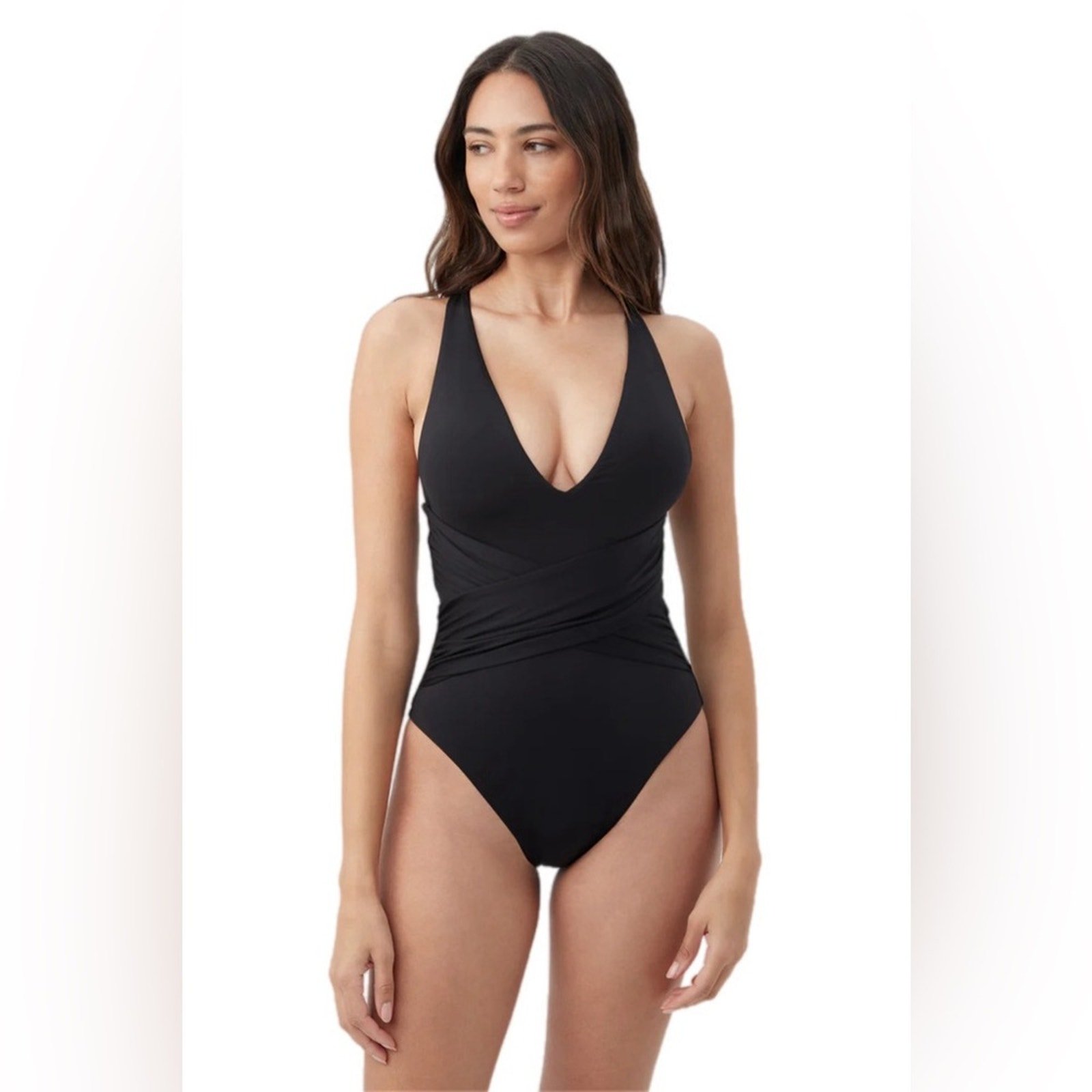 Trina Turk Monaco Wrap Suit 4 Plunge One Piece New Black Small Swim