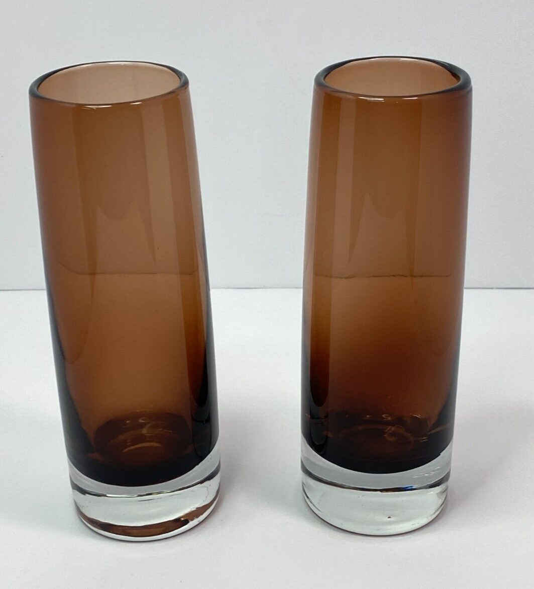 Set of two Vintage Vase Smokey Brown And Clear Approximately 8 In Tall Heavy