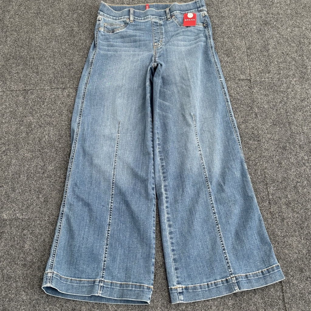 Spanx Seamed Front Wide Leg Pull-On Jeans Vintage Indigo Blue Large Petite