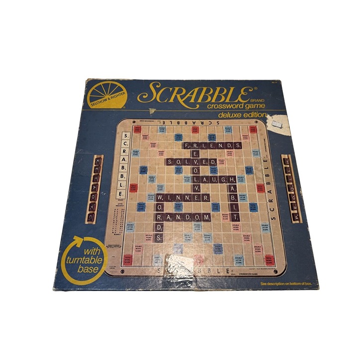 1982 Scrabble Deluxe Turntable Rotating board game with Wood Maroon Tiles
