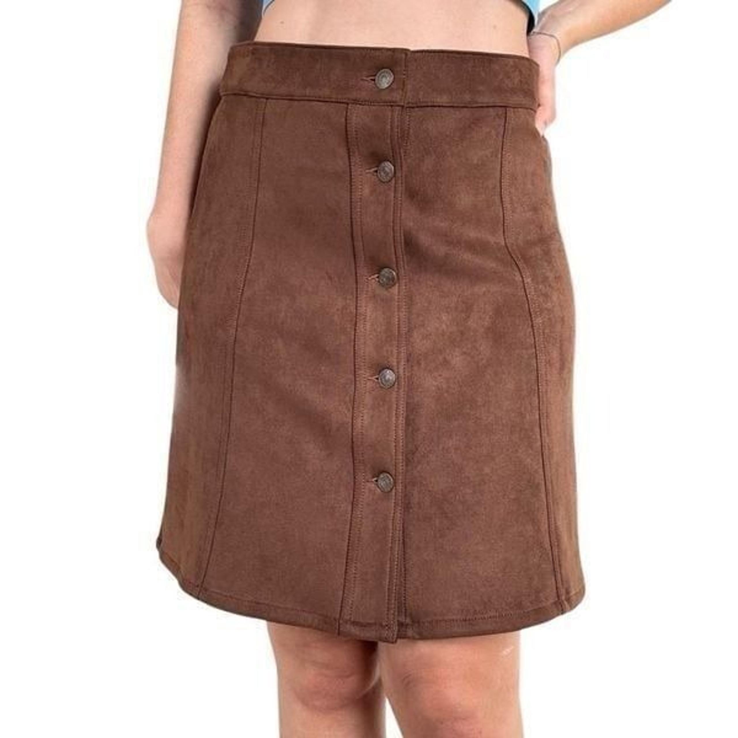 Chaps Brown Cognac A Line Mini Skirt Button Front Size 4 Casual Faux Suede