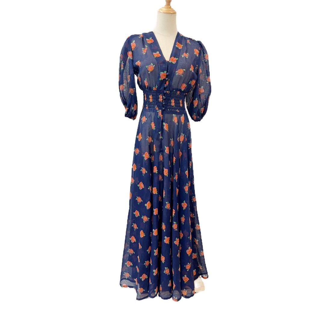 Rae Dolls 70's Vintage Maxi Dress San Fransisco Blue Floral Sheer Boho