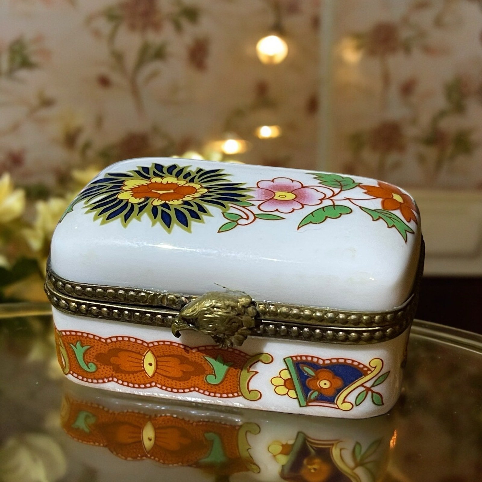 Authentic Limoges France Floral 40s Style Trinket Box Ring Box Pill Box Eagle